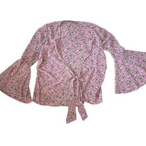 Glory Ang Pink Floral Flair Bell Sleeve Cottagecore Tie Wrap Blouse Retro Boho S